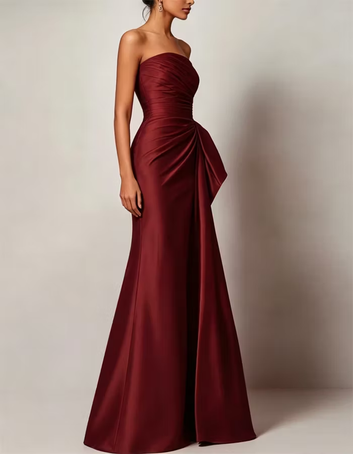 Strapless Pleated Satin Maxi Dress