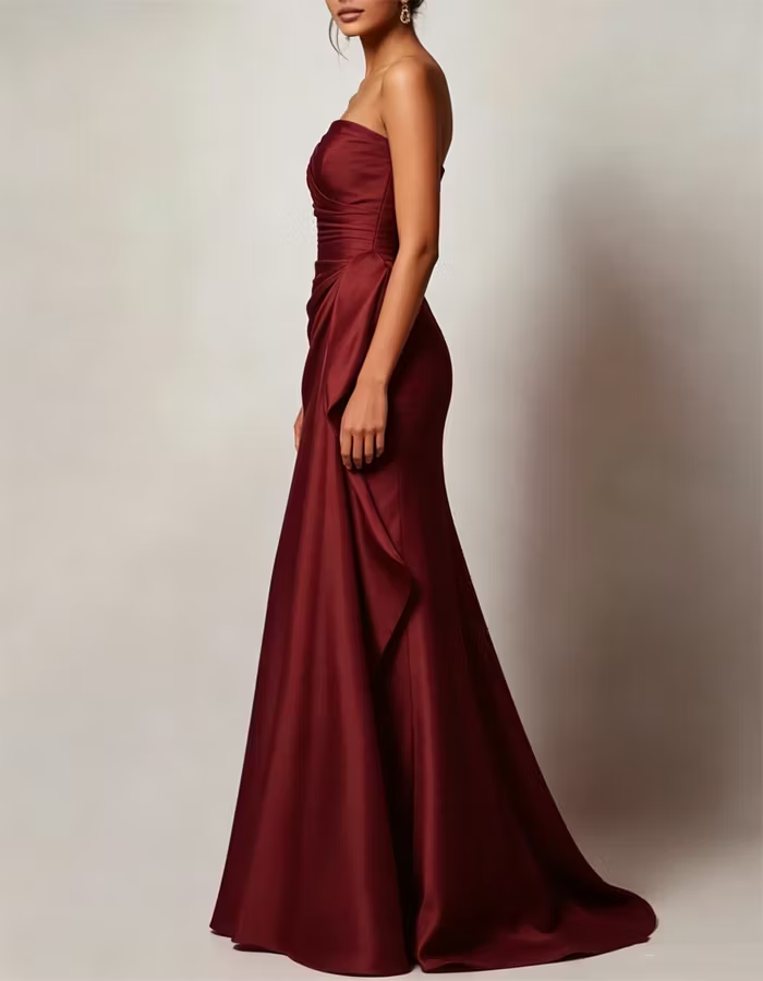 Strapless Pleated Satin Maxi Dress