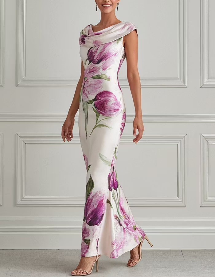 Cream Watercolor Floral Cowl-Neck Satin Mermaid Maxi Dress