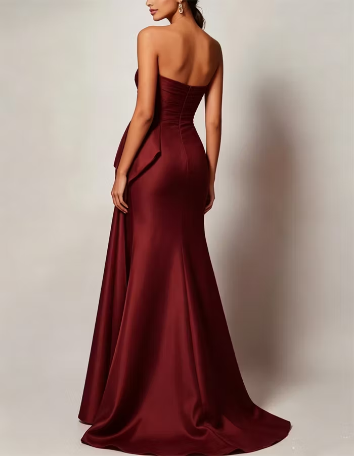 Strapless Pleated Satin Maxi Dress