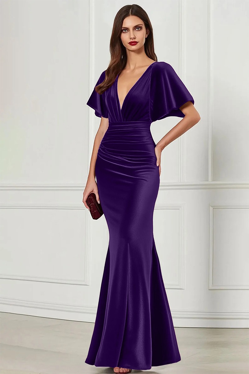 Formal Velvet Dress Burgundy V Neck Maxi Mother of the Bride Dress
