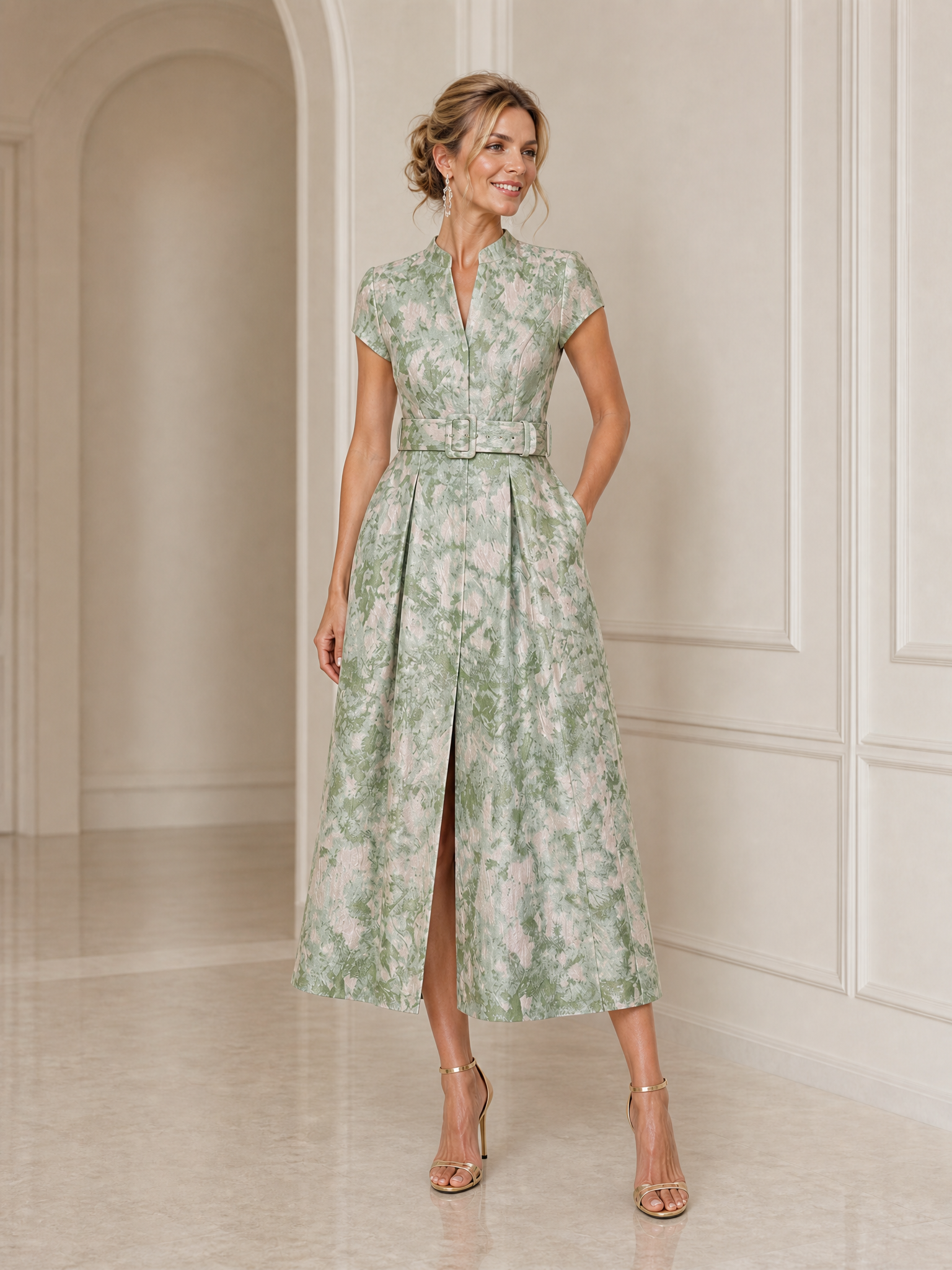 Sage Green Jacquard Stand-Collar Belted Midi Gown Dress with Front Slit