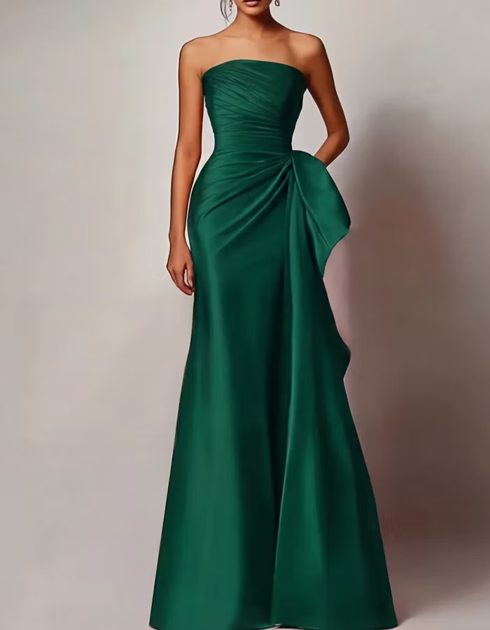 Strapless Pleated Satin Maxi Dress