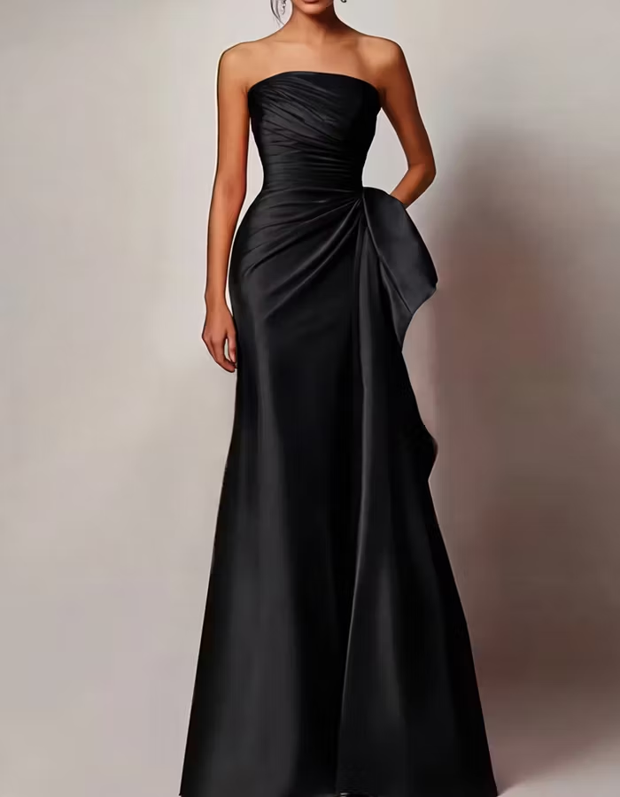 Strapless Pleated Satin Maxi Dress