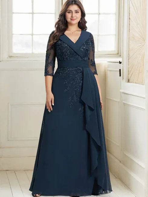 A-line Collared V-Neck Floor-Length Lace Chiffon Mother of the Bride Dress With Sequins Cascading Ruffles