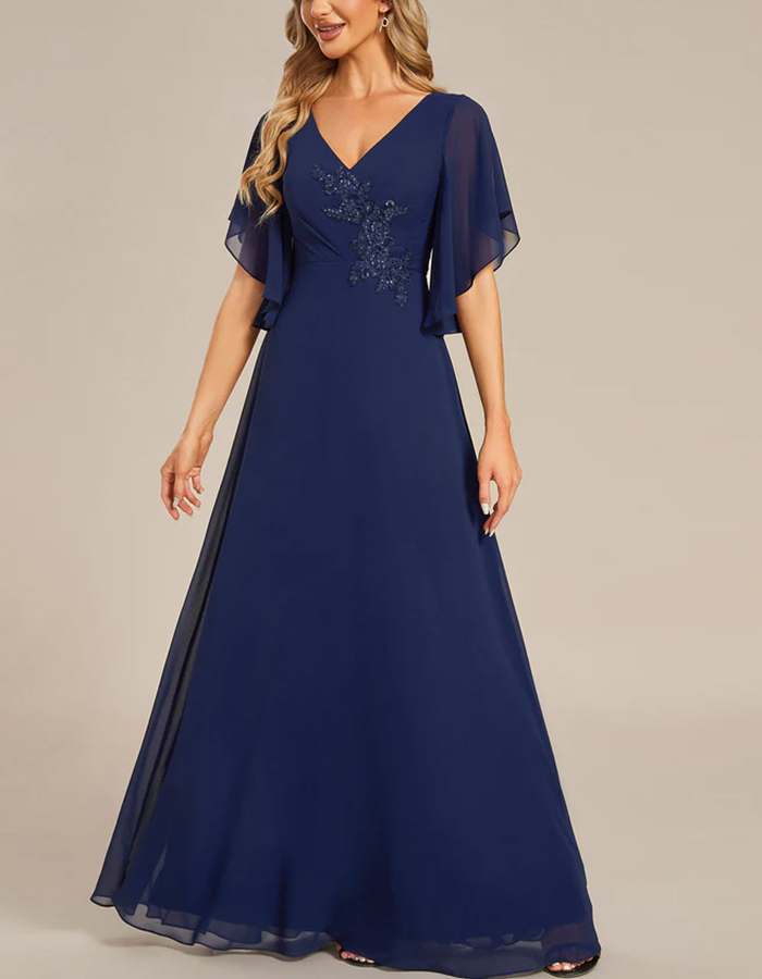 Navy Blue Chiffon V-Neck Flutter Sleeves Maxi Dress