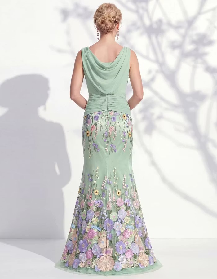 Green Sleeveless Multi Colored 3D Floral Pattern Maxi Dress