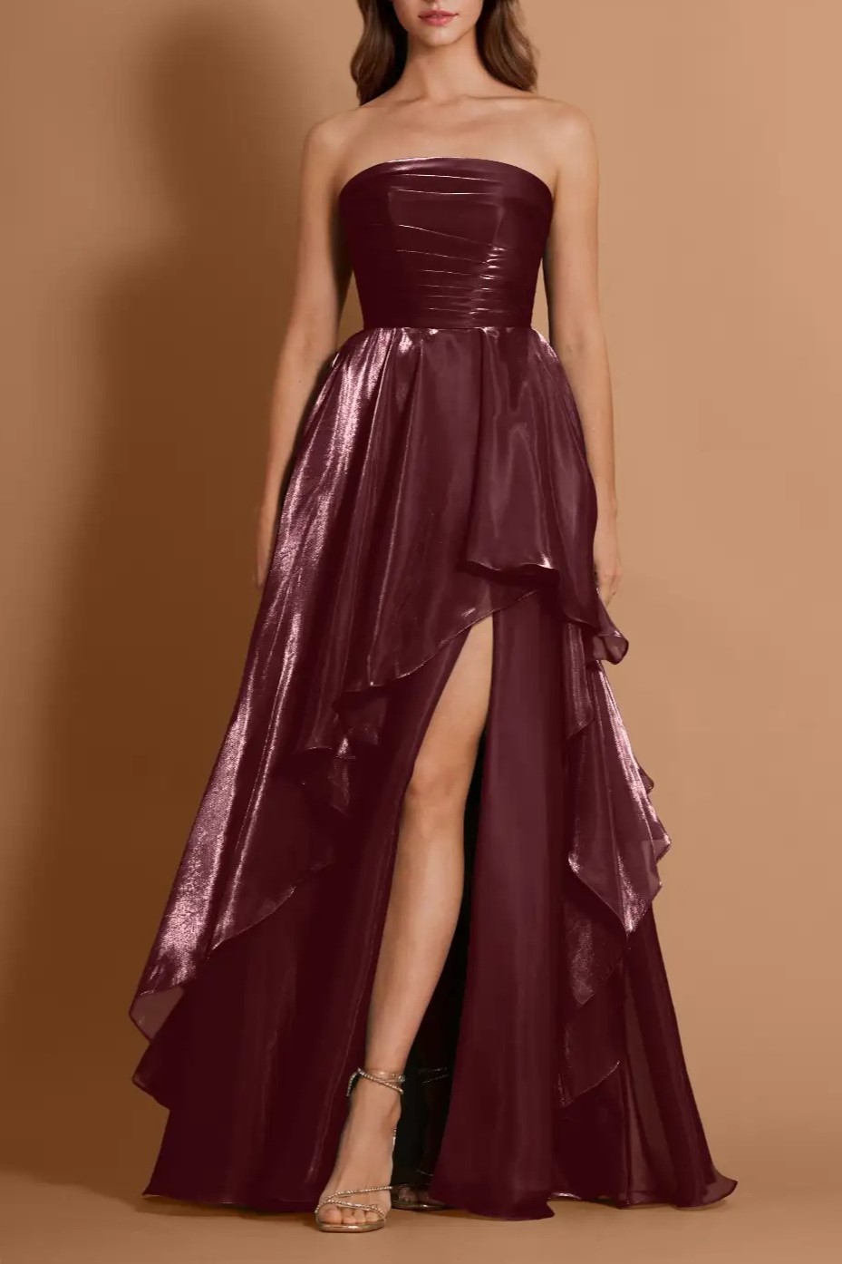 Burgundy Strapless Ruffled High-Slit Evening Gown