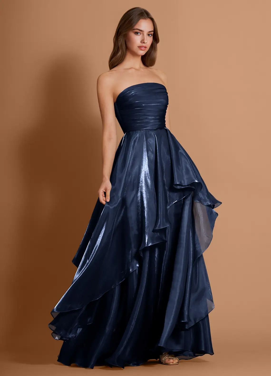 Burgundy Strapless Ruffled High-Slit Evening Gown