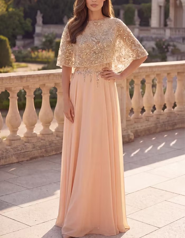 Sequin Floral Embroidered Capelet Chiffon Maxi Dress