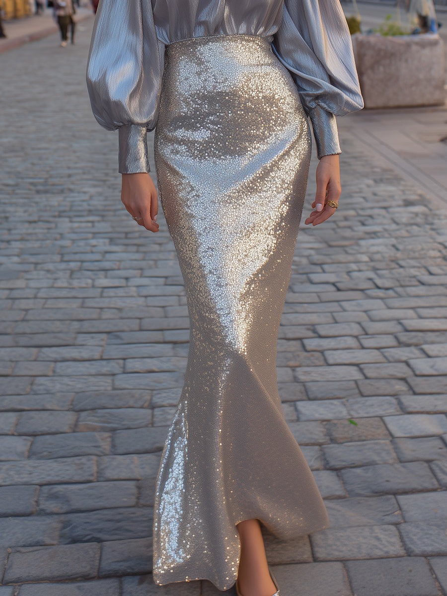 Metallic Pleated Sequin Mermaid Panel Dress