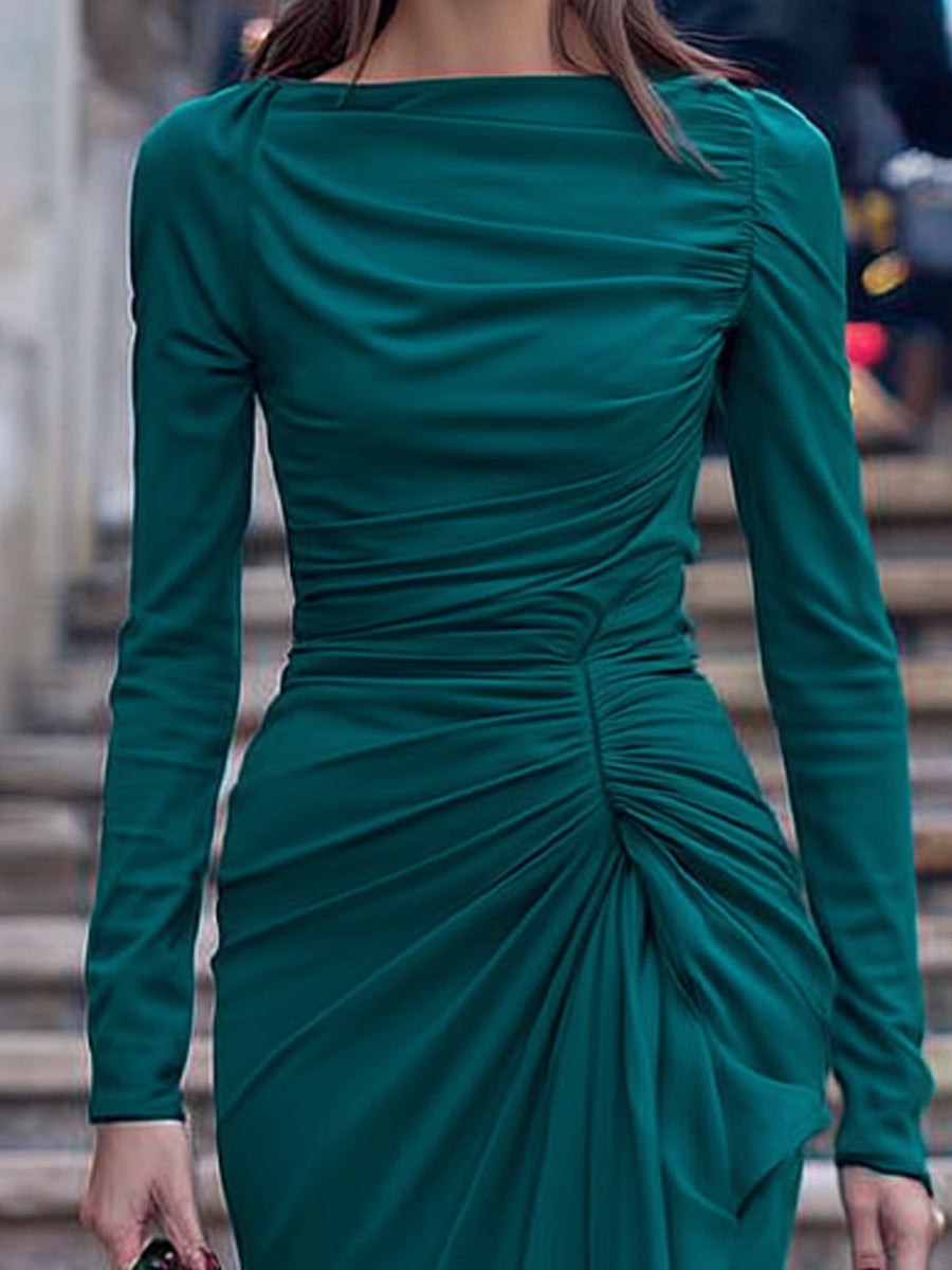 Emerald Draped Long-Sleeve Evening Gown