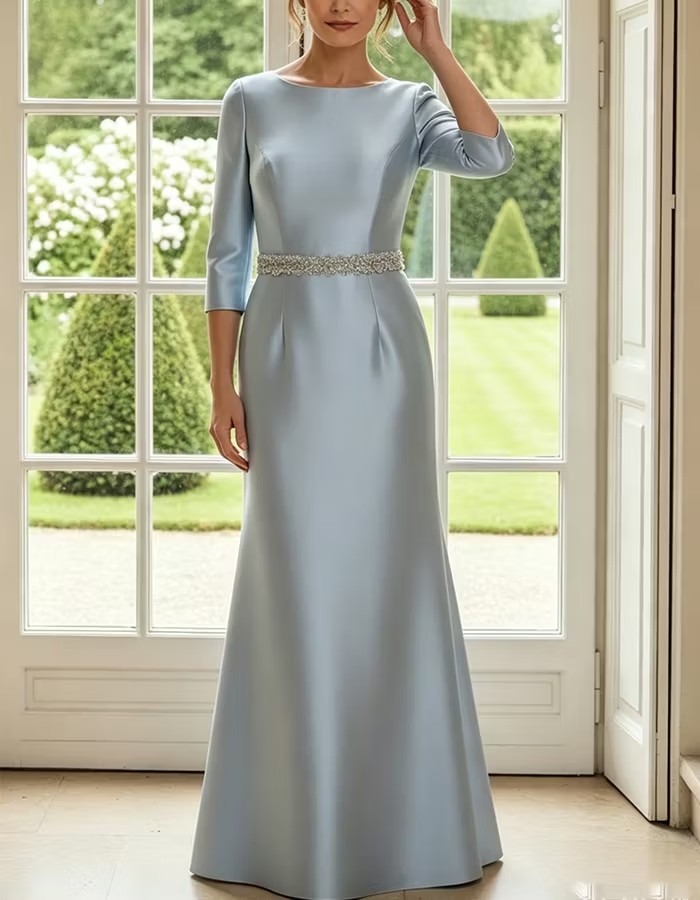 Light Blue Boat Neck 3/4 Sleeve Satin Maxi Dress