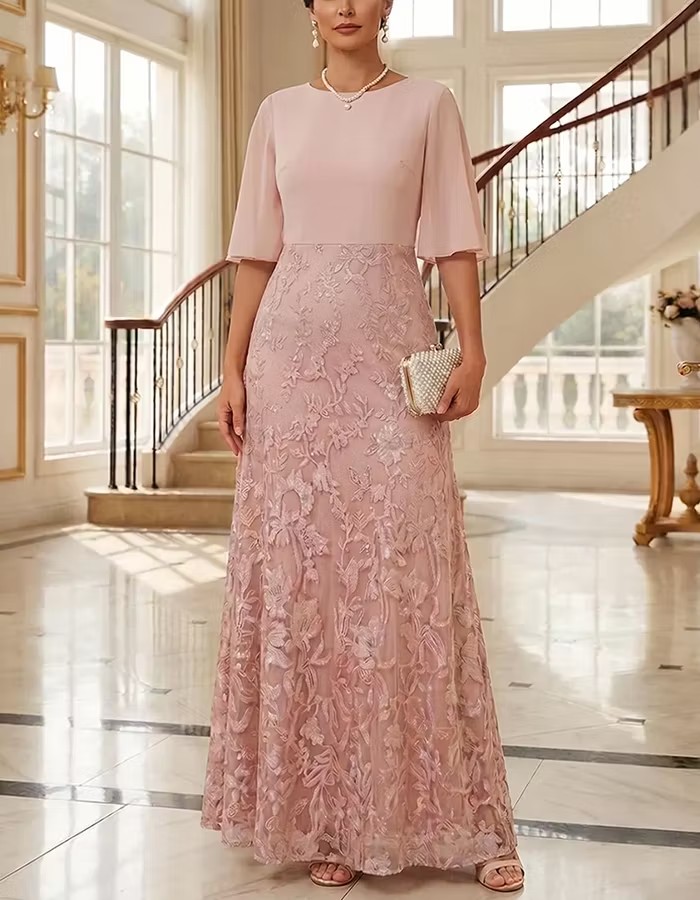 Pink Chiffon Top Lace Mermaid Half Flutter Sleeve Maxi Dress