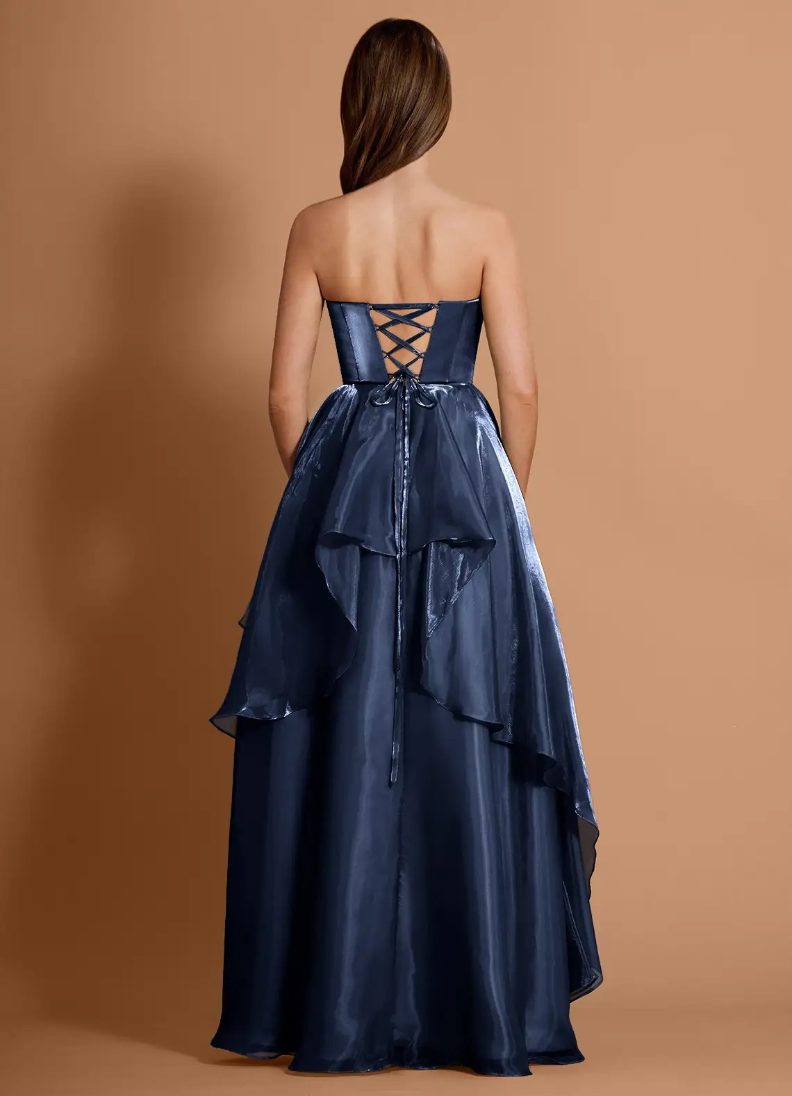 Burgundy Strapless Ruffled High-Slit Evening Gown