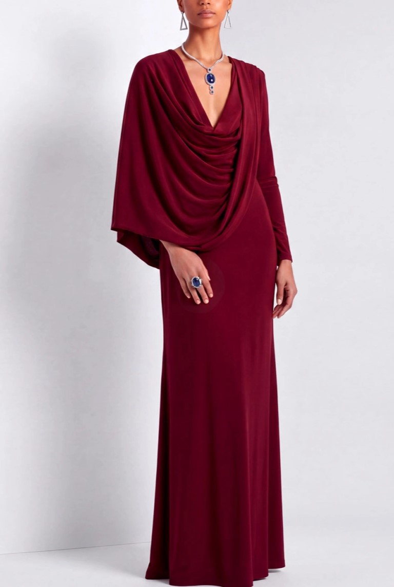 Burgundy V Neck Long Sleeve Cape Maxi Dress
