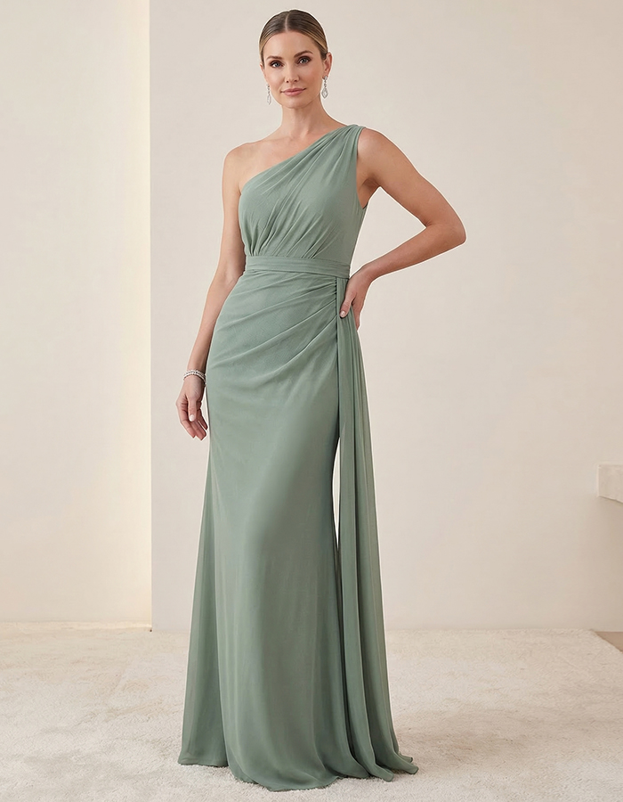 Grey Green Draped Chiffon One Shoulder Ribbon Maxi Dress