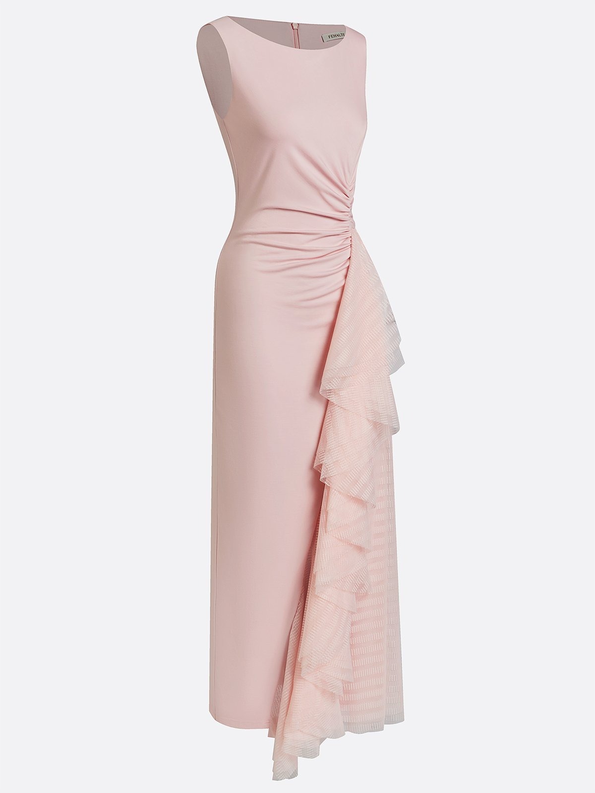 Blush Pink Sheath Maxi Ruched Sleeveless Knit and Mesh Bridesmaid Dress