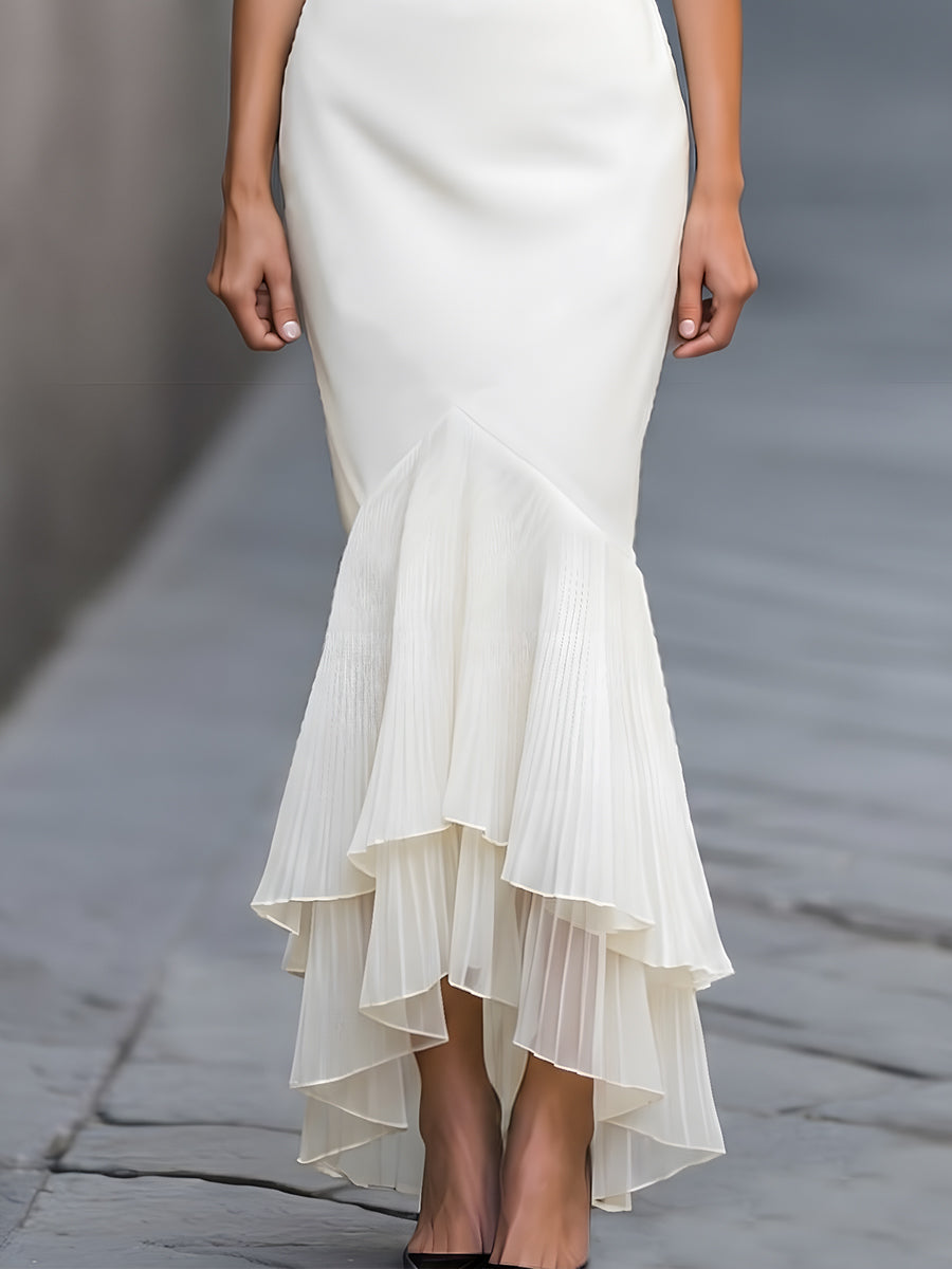 Structured Waist Pleated Ruffle Hem Maxi Dress