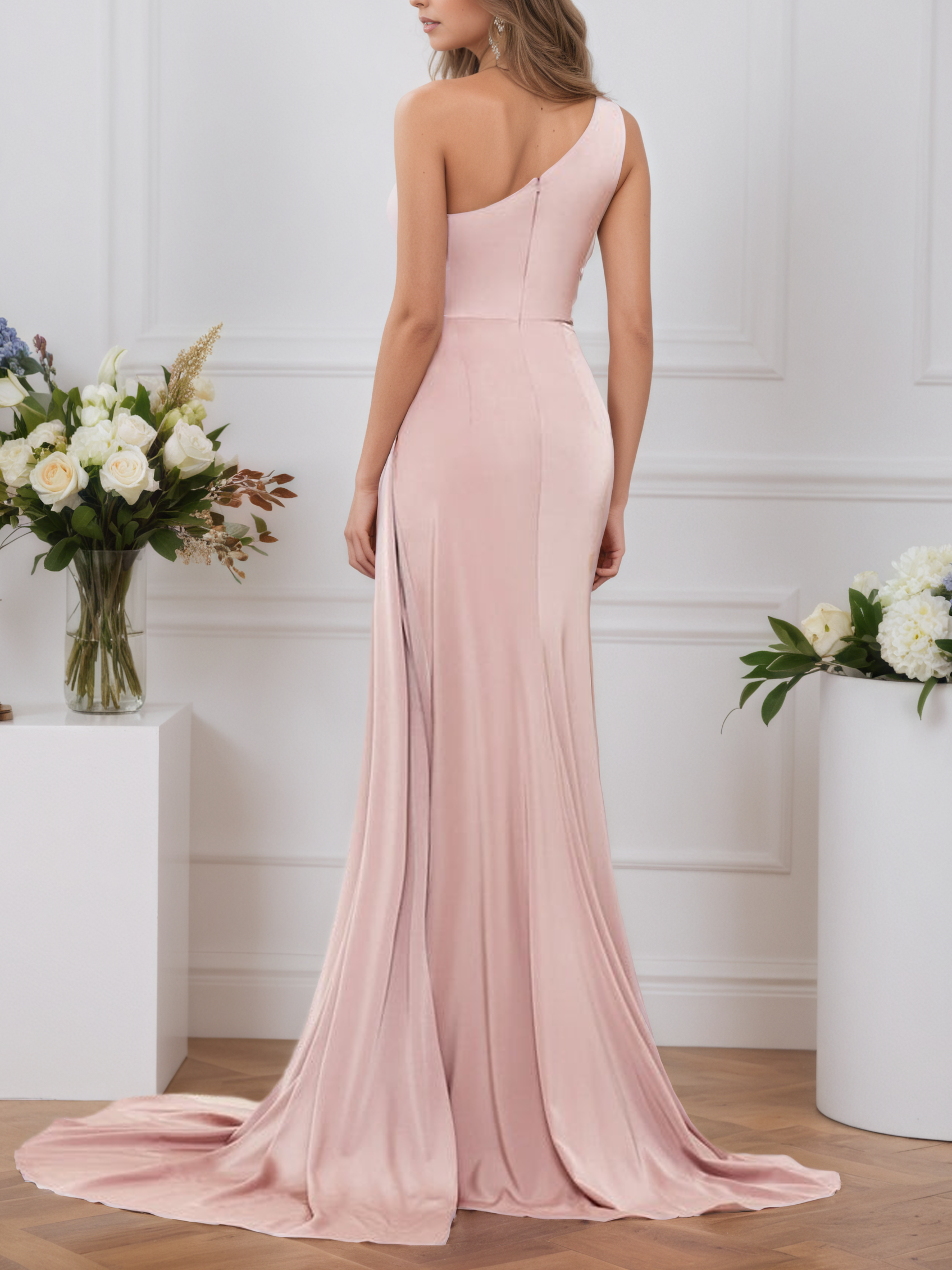 Dusty Rose Sheath/Column One-Shoulder Sweetheart Long Formal Dresses with Split Side