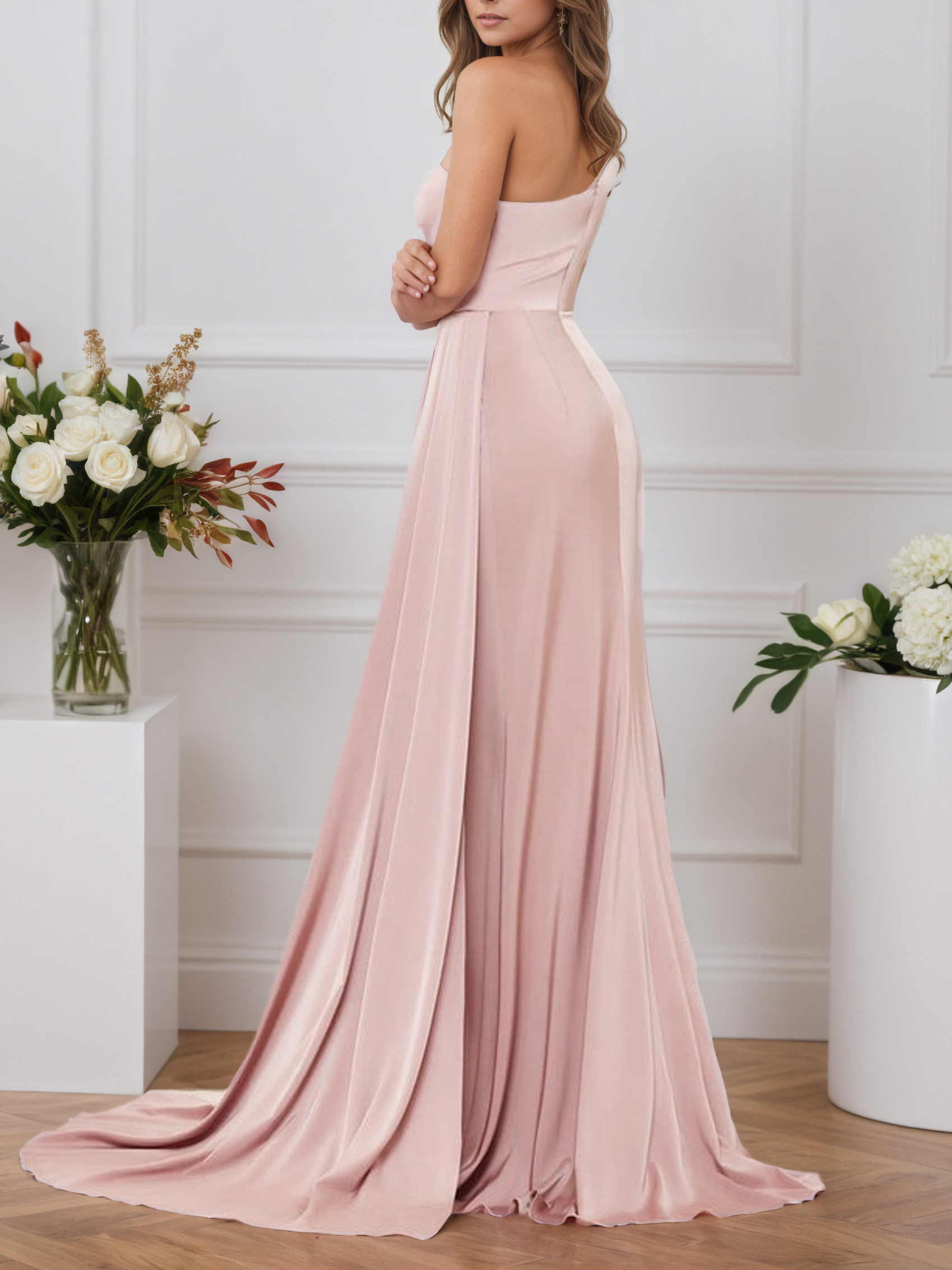 Dusty Rose Sheath/Column One-Shoulder Sweetheart Long Formal Dresses with Split Side