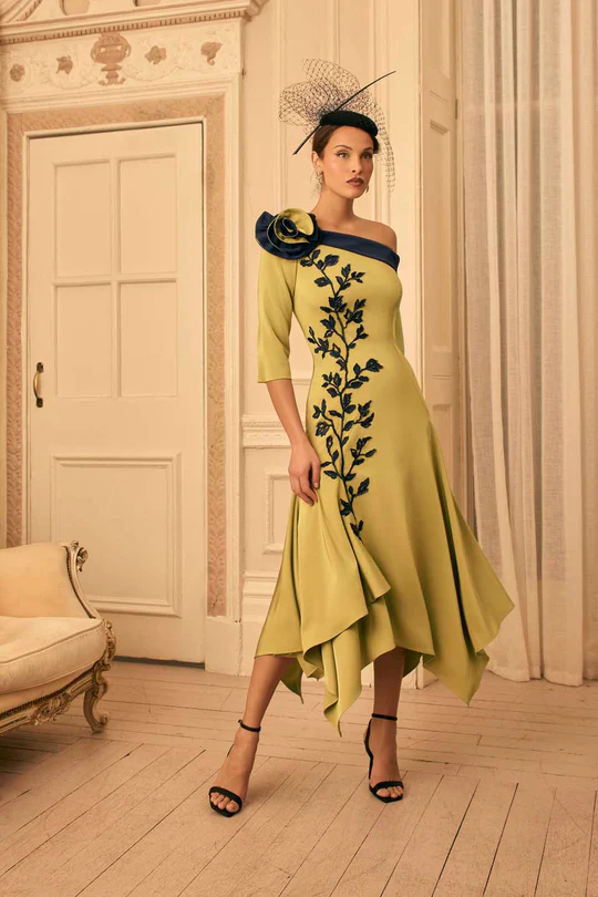 Sophisticated Asymmetric Floral Appliqué Midi Dress