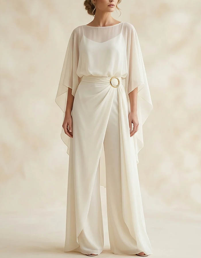 Elegant Chiffon Cape Sleeve Belted Wide Leg Jumpsuit
