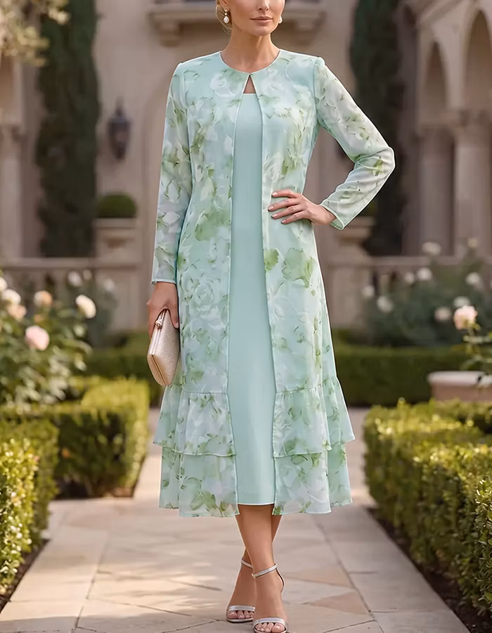 Mint Green Floral Chiffon Jacket Two-Piece Suit