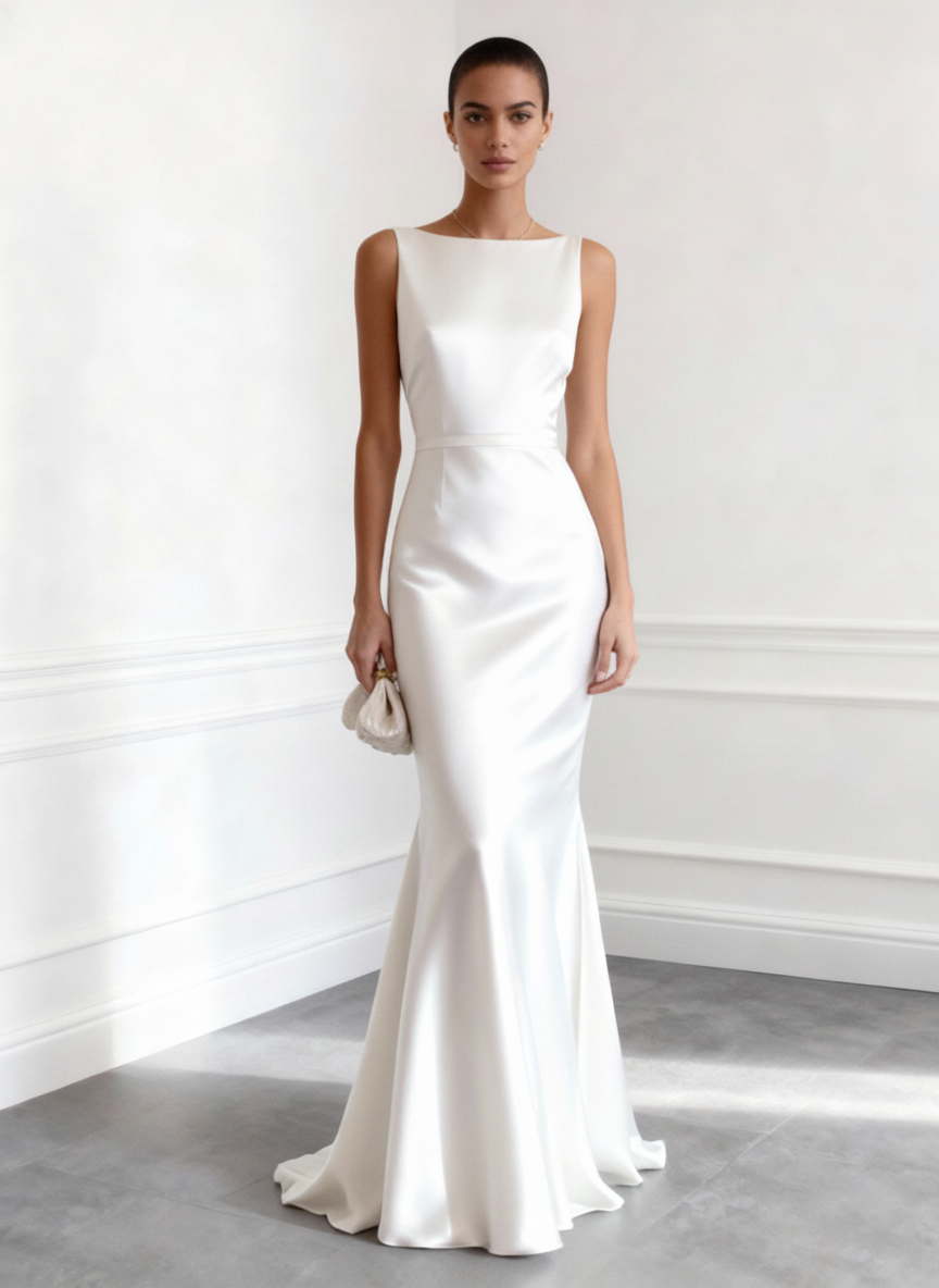 White Boat Neck Sleeveless Ruffled Backless Gown Bridal/Wedding Dress