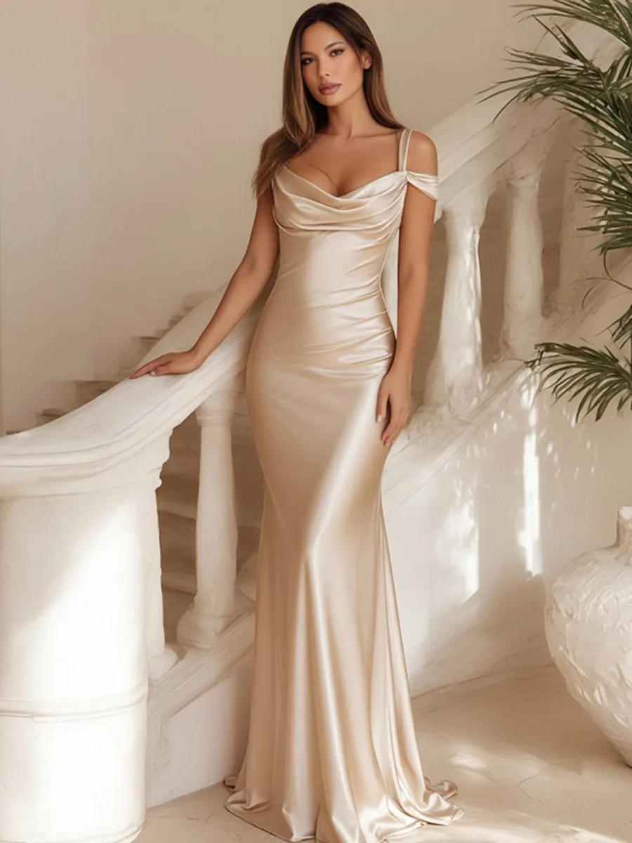 Champagne Mermaid Cowl Neck Ruched Sweep Party Formal Dress