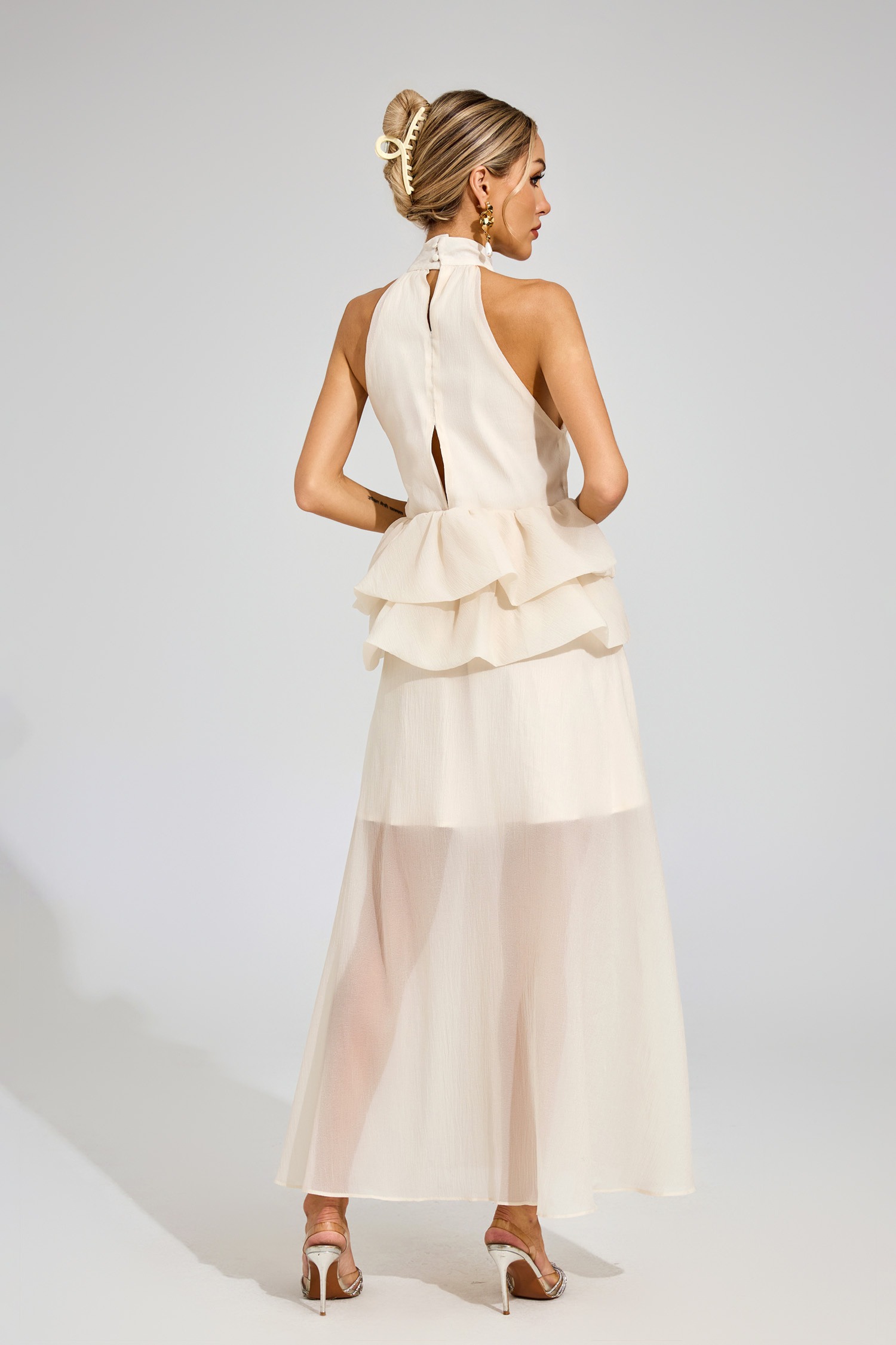 Apricot Halter Maxi Ruffle Dress