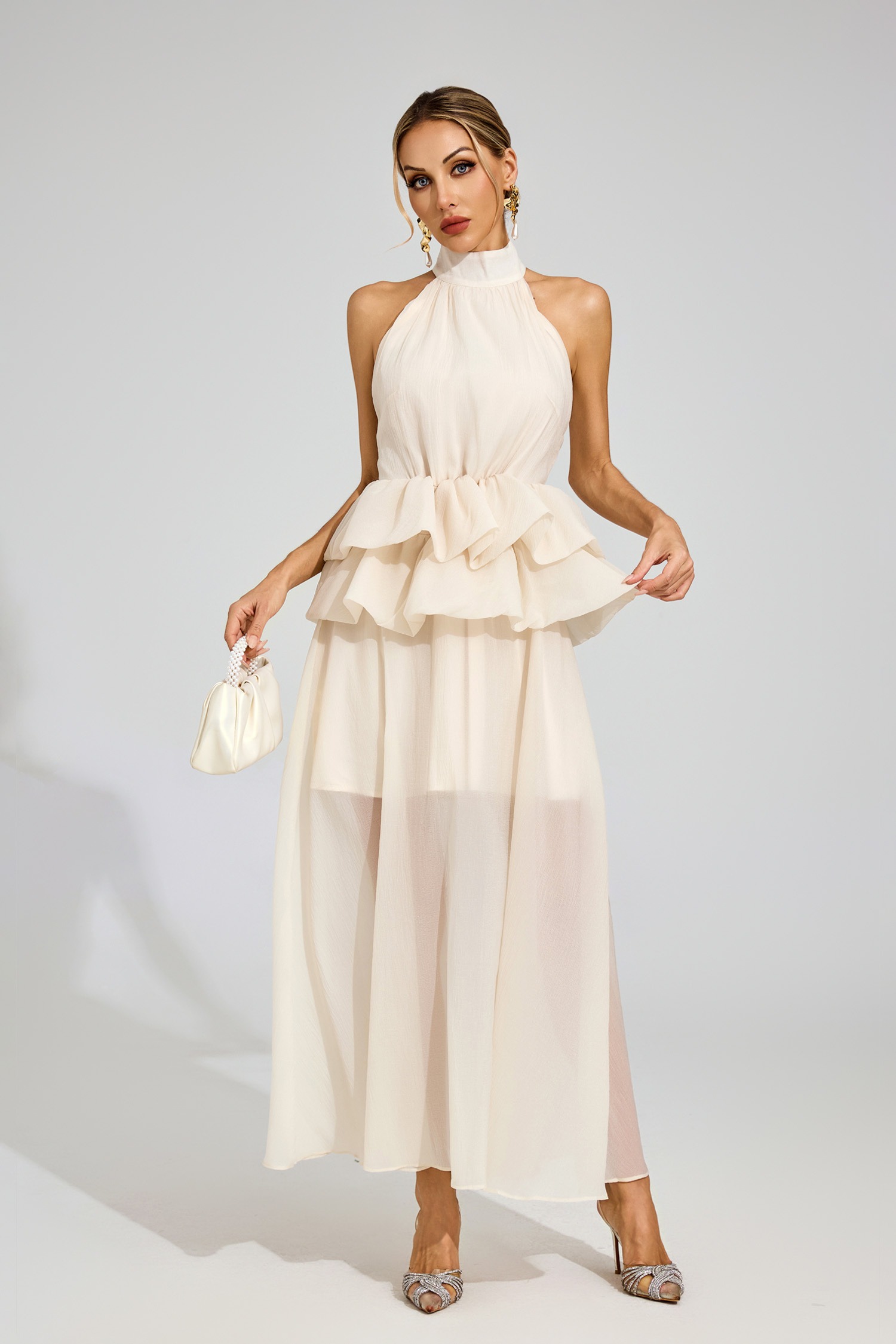 Apricot Halter Maxi Ruffle Dress