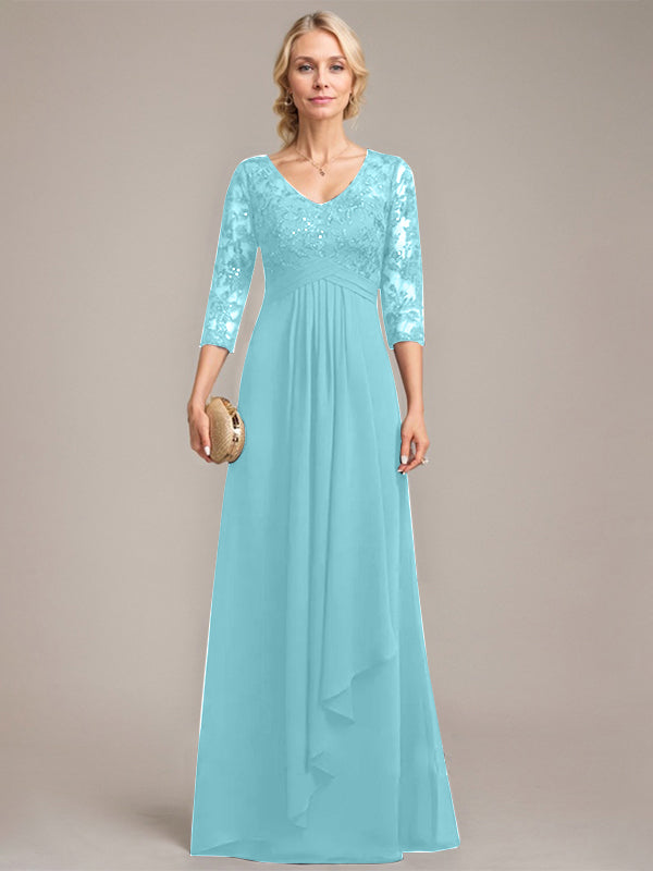 A-line V-Neck Floor-Length Lace Chiffon Mother of the Bride Dress With Cascading Ruffles Sequins