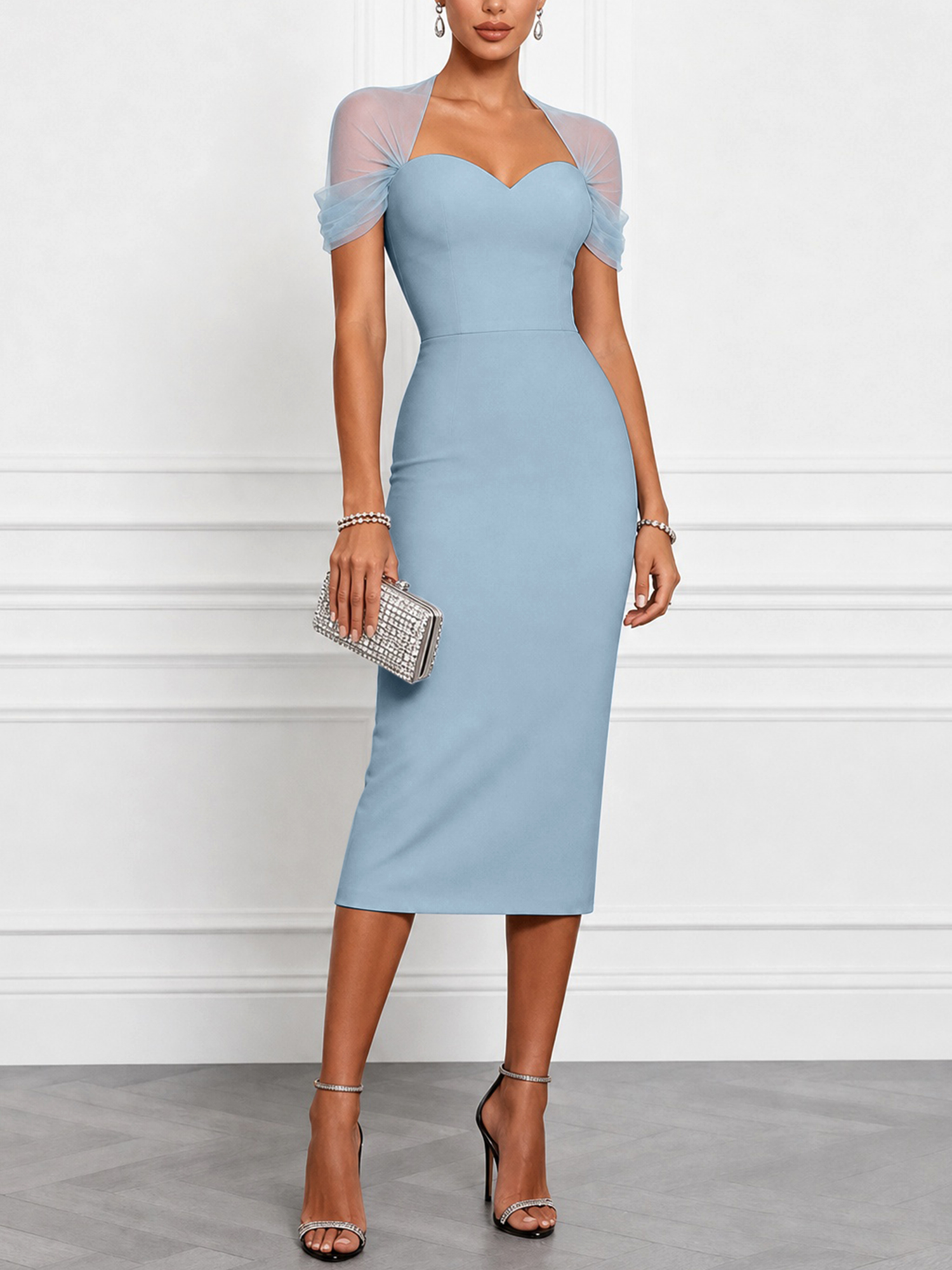 Black Sweetheart Neckline Mesh Sleeve Blended Midi Dress