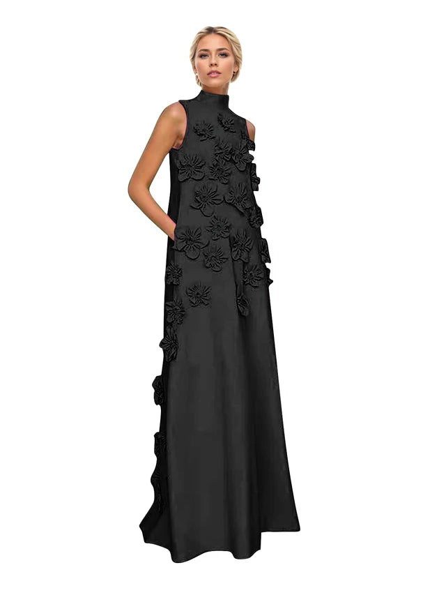 A Line High Neck Sleeveless Floor Length Stretch Crepe Dress With 3D Flowers