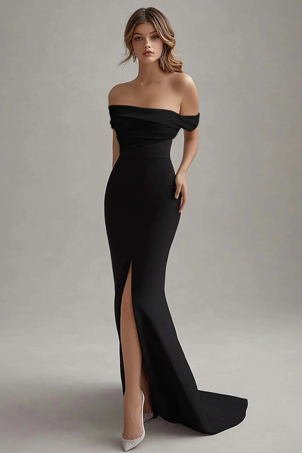 Elegant Off the Shoulder Black White Formal Dress with Slit