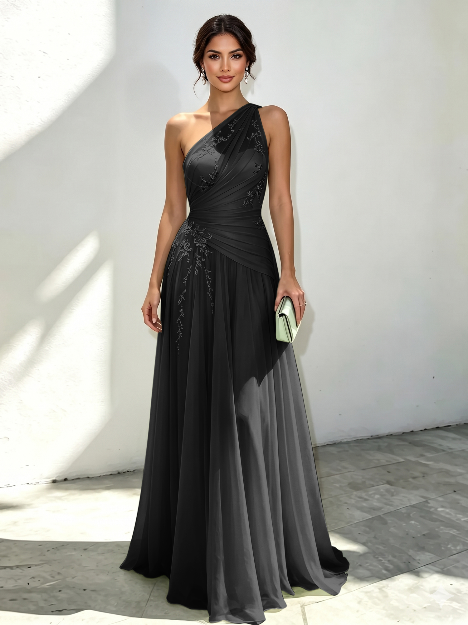Mint Green Applique 3D Floral Chiffon One Shoulder Sleeveless A-Line Floor Length Dress