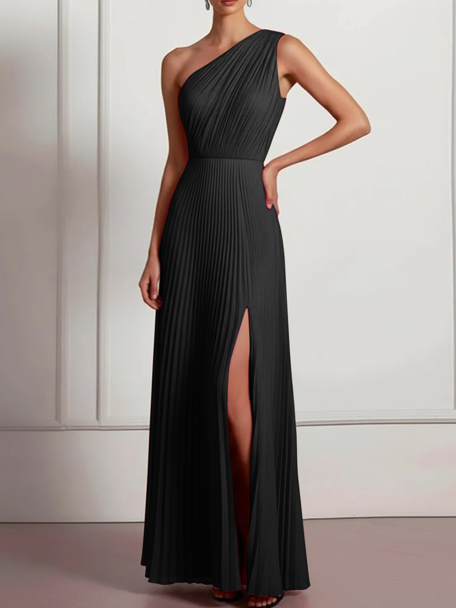 Blush Formal Party Dress One Shoulder Pleated Maxi Dress with Slit