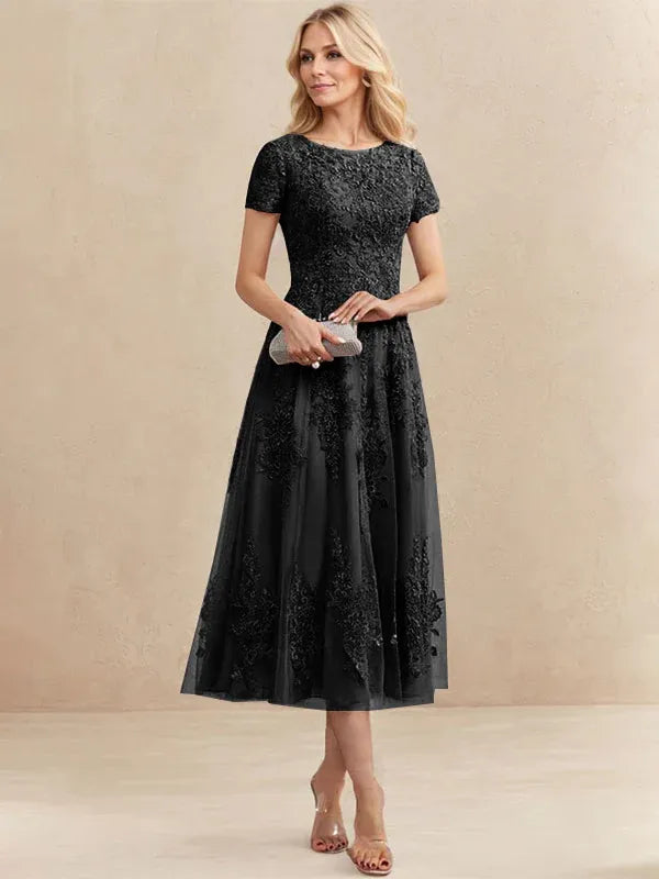 A-line Scoop Tea-Length Tulle Lace Mother of the Bride Dress