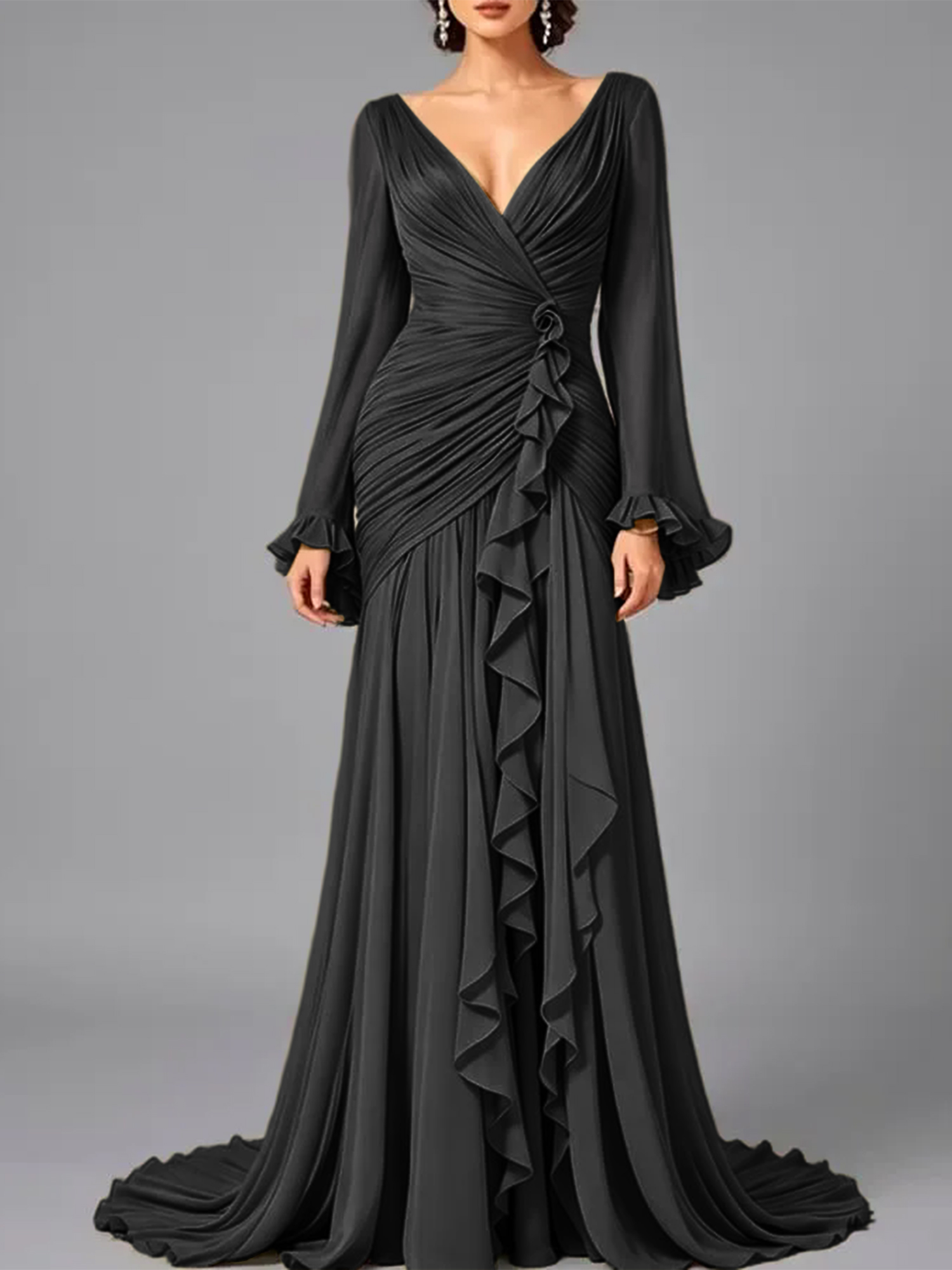 V-Neck Sheer Long Sleeve Ruffled Chiffon Dress