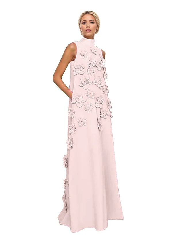 A Line High Neck Sleeveless Floor Length Stretch Crepe Dress With 3D Flowers