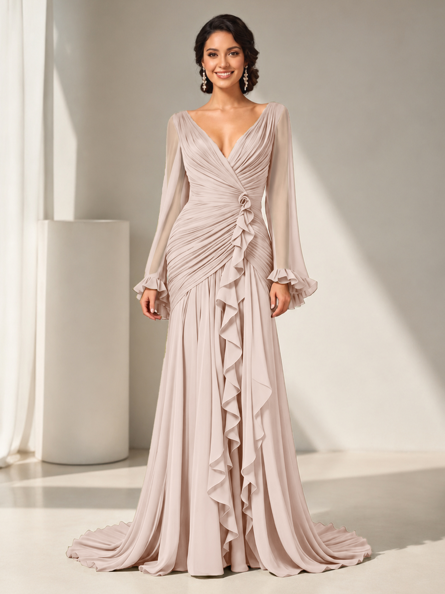 Sophisticated Ruched Chiffon V-Neck Gown with Cascading Ruffles
