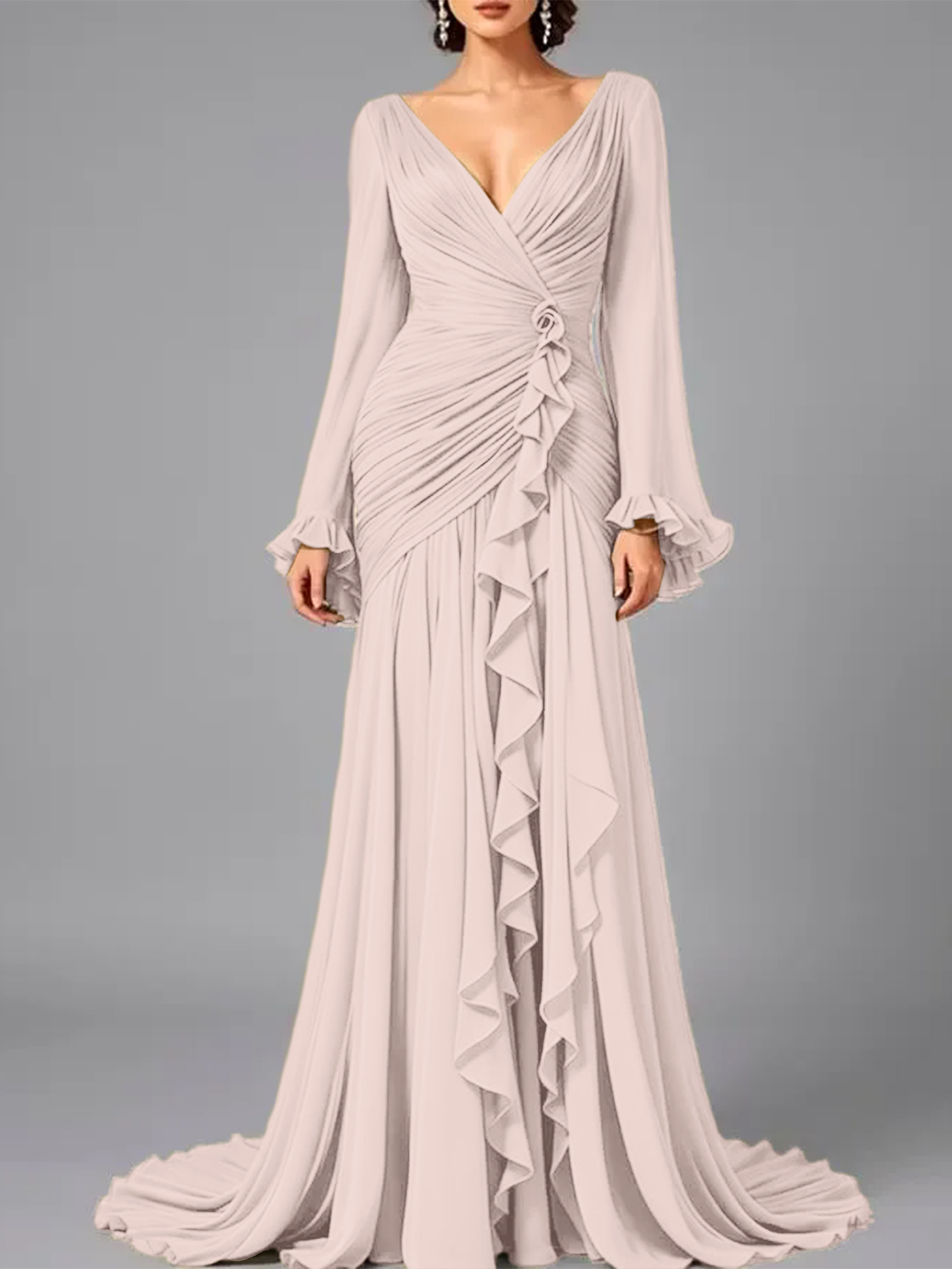 V-Neck Sheer Long Sleeve Ruffled Chiffon Dress