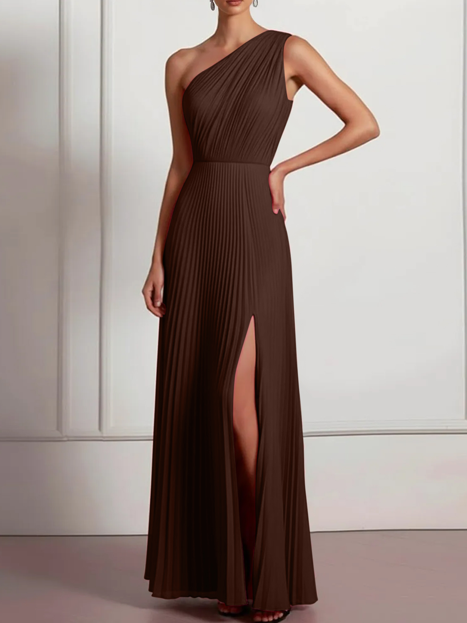 Blush Formal Party Dress One Shoulder Pleated Maxi Dress with Slit