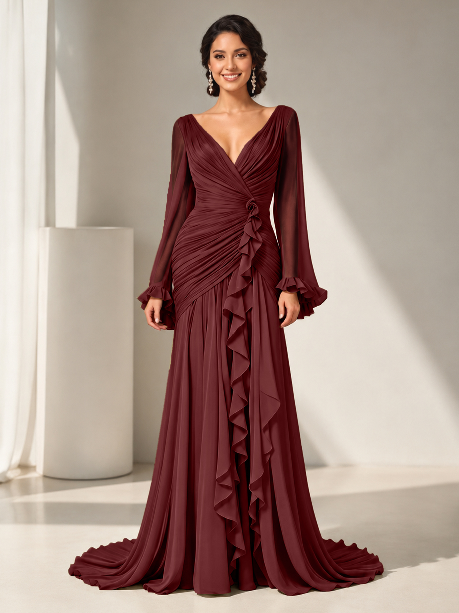Sophisticated Ruched Chiffon V-Neck Gown with Cascading Ruffles