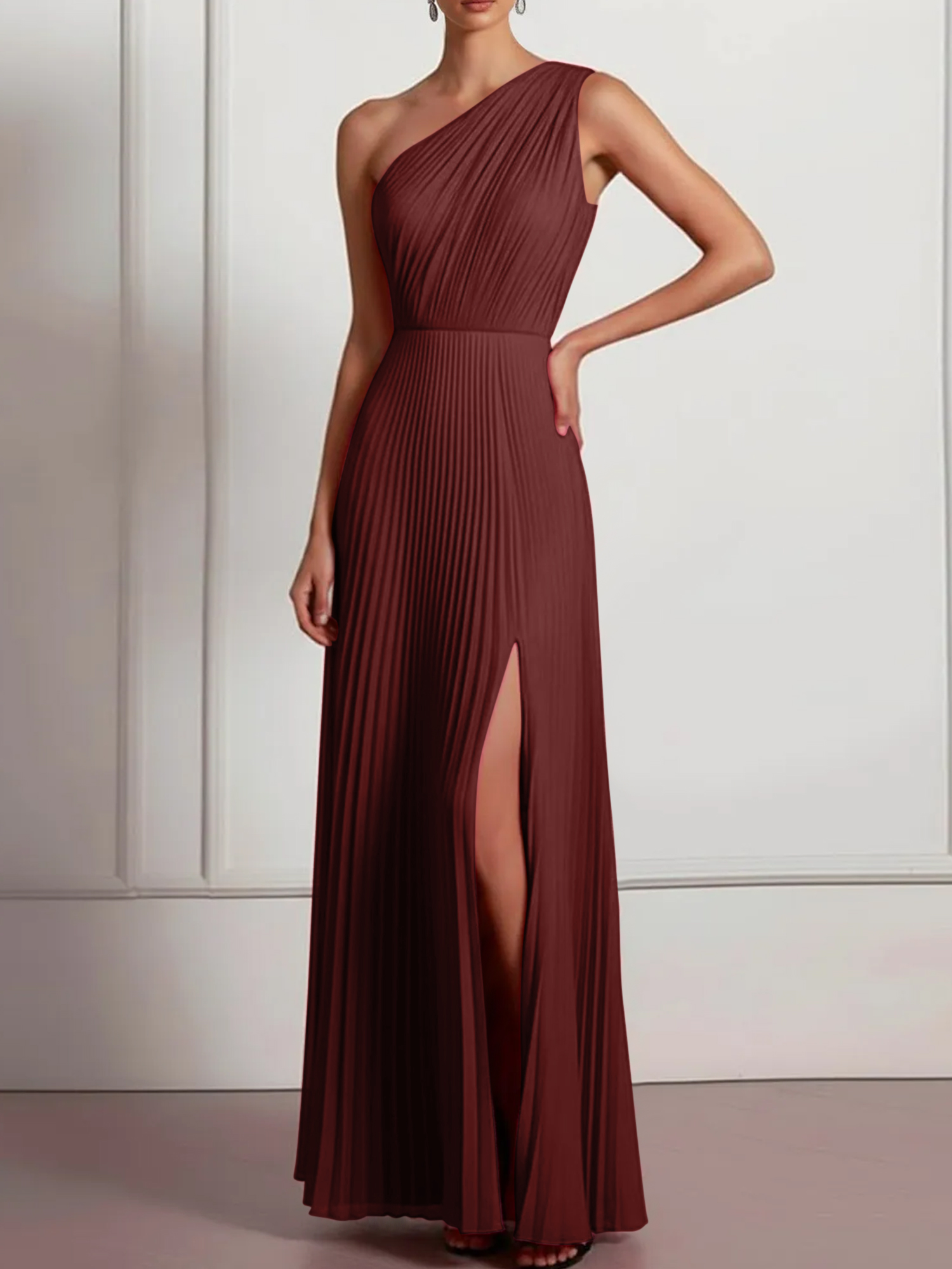 Blush Formal Party Dress One Shoulder Pleated Maxi Dress with Slit