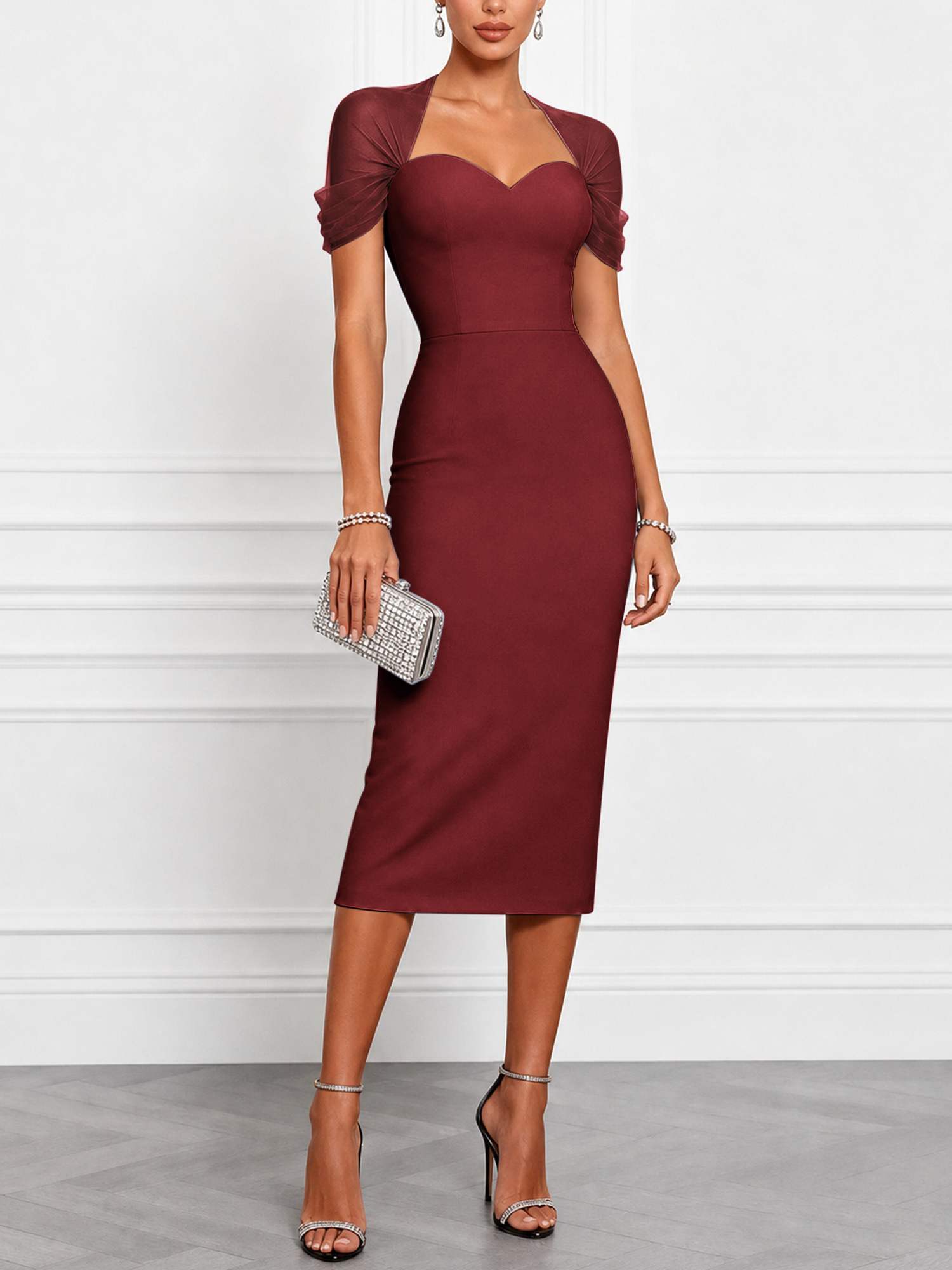 Black Sweetheart Neckline Mesh Sleeve Blended Midi Dress
