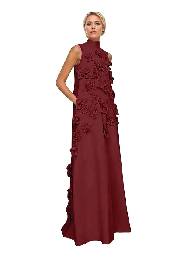 A Line High Neck Sleeveless Floor Length Stretch Crepe Dress With 3D Flowers
