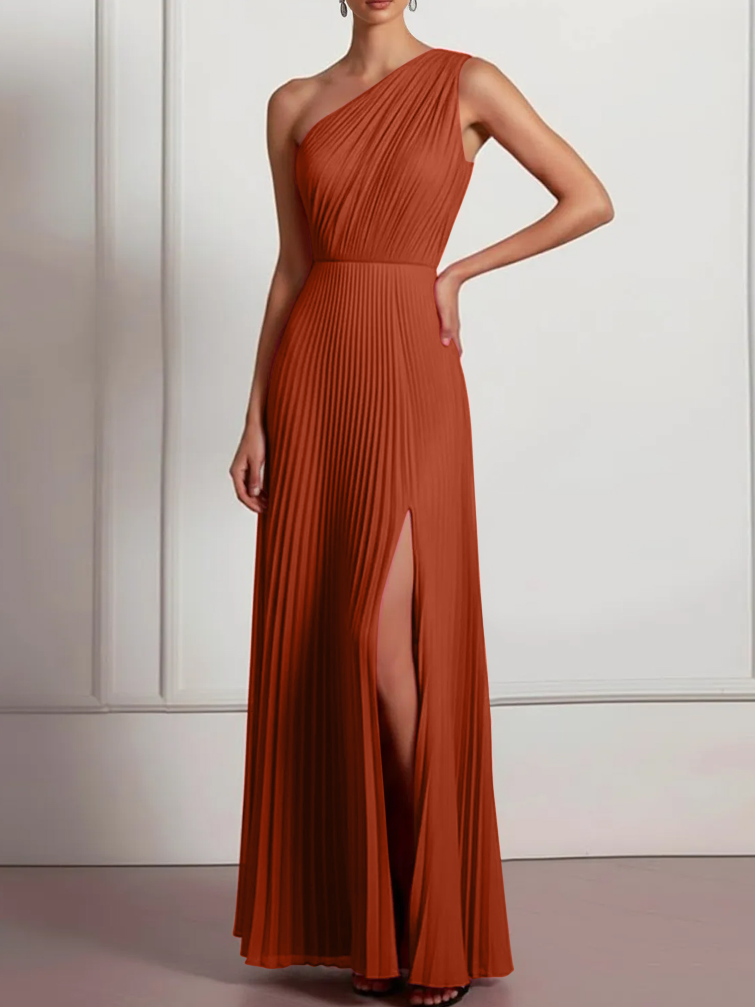 Blush Formal Party Dress One Shoulder Pleated Maxi Dress with Slit