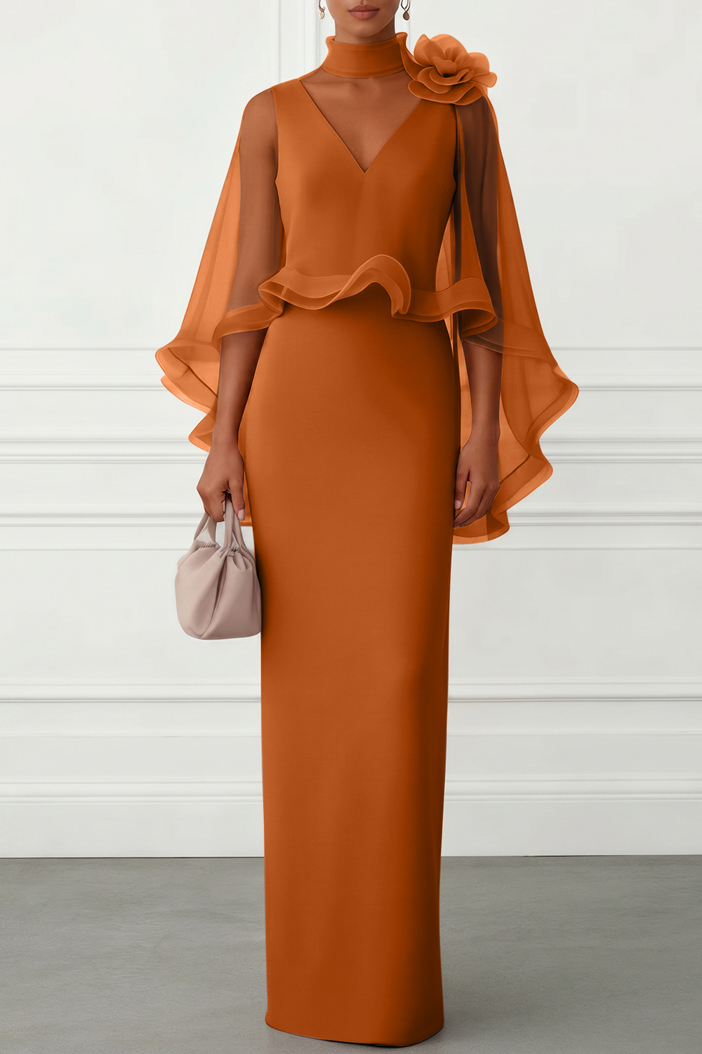 Nudepink 3D Floral Mesh Classic Mock Neck Half Sleeve Sheath Floor-length Gown Dress